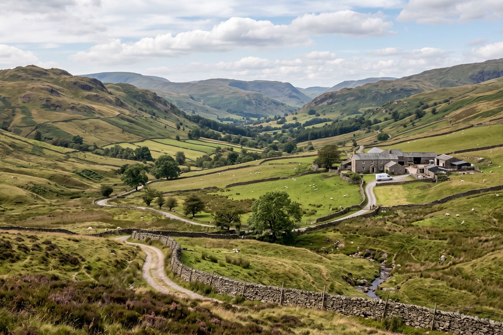Cumbrian fells with a stone farmhouse and buildings in the valley below — the dairy country Colin Dawson Ltd works in